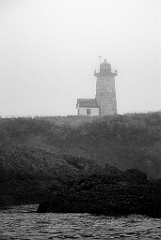 Libby Island Light on Foggy Shore in in Down East Maine -BW